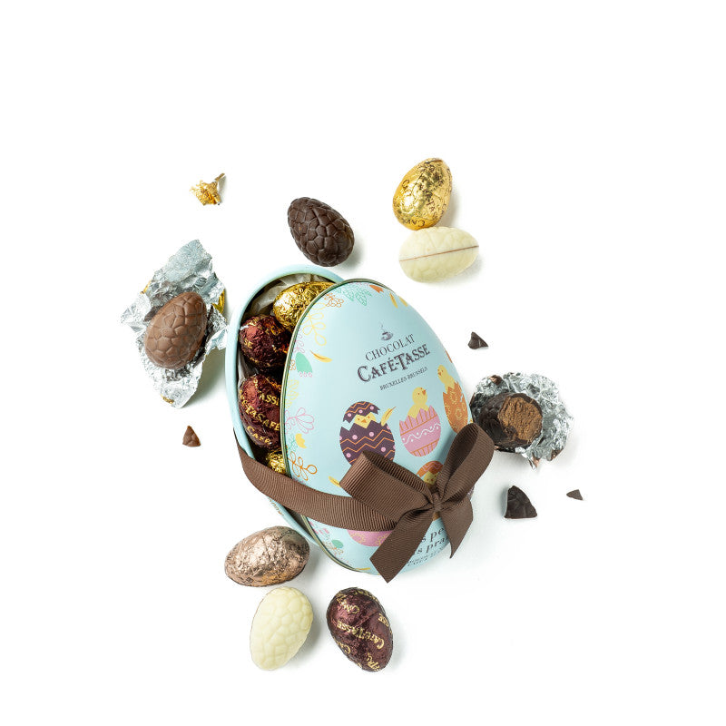 egg tin filled with 12 assorted praline chocolate eggs 144g