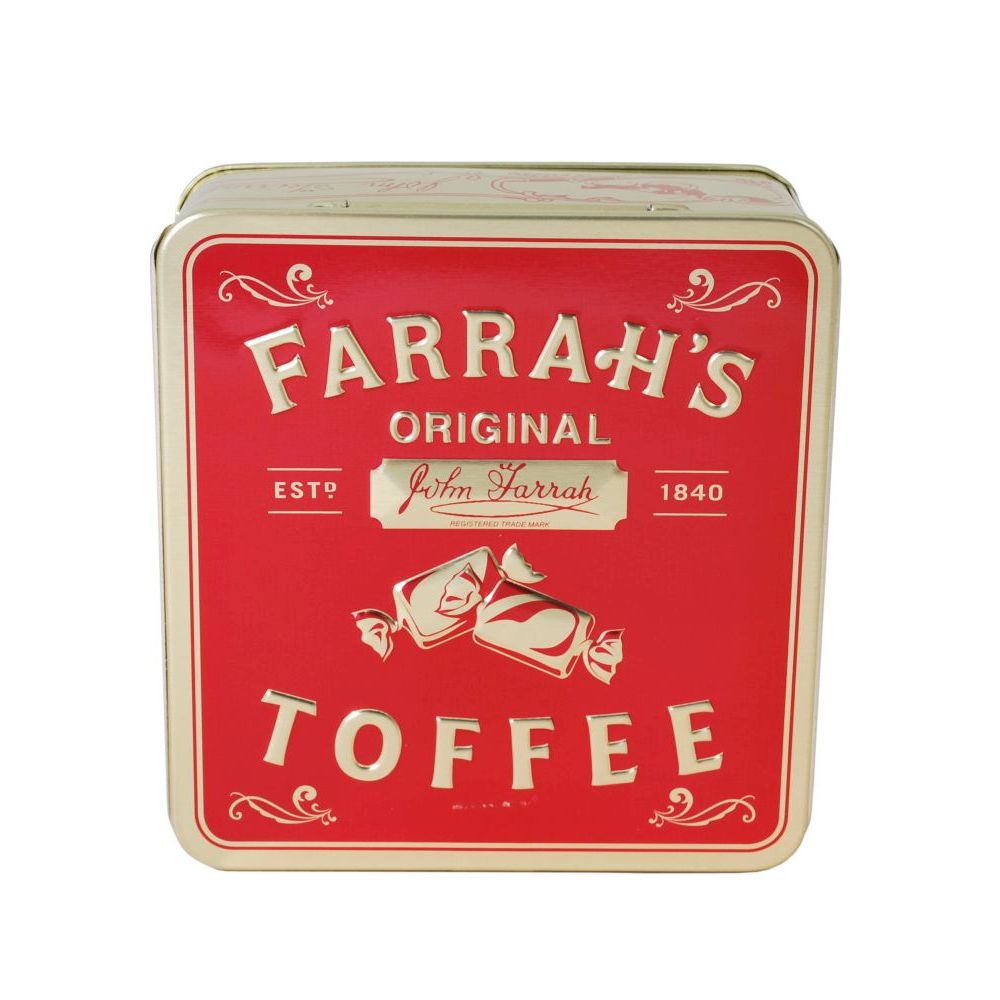 Farrah's Original Toffee Embossed Flat Red Tin 100g