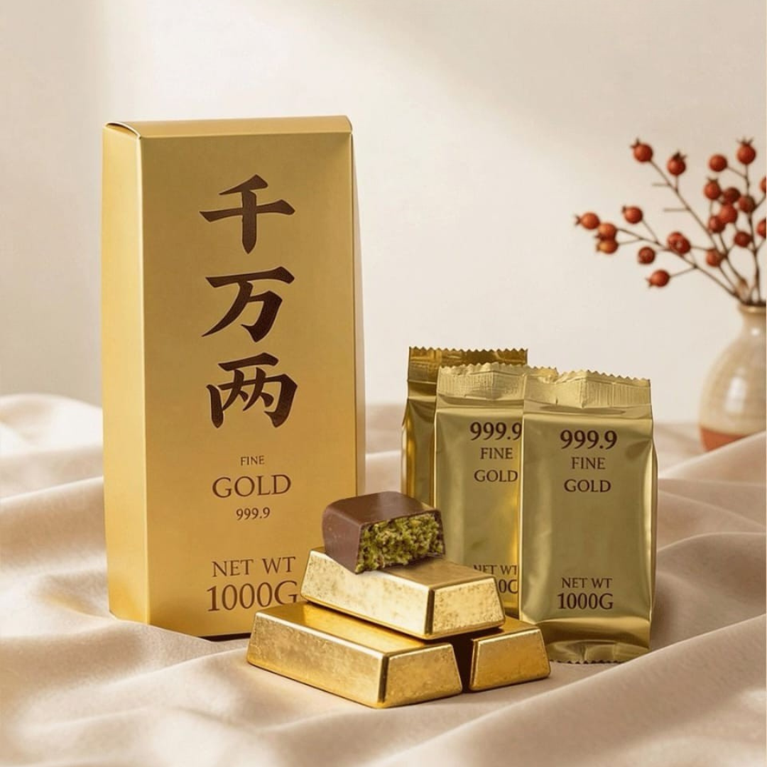Gold bars, packaging, and bags on a soft surface with a neutral background
